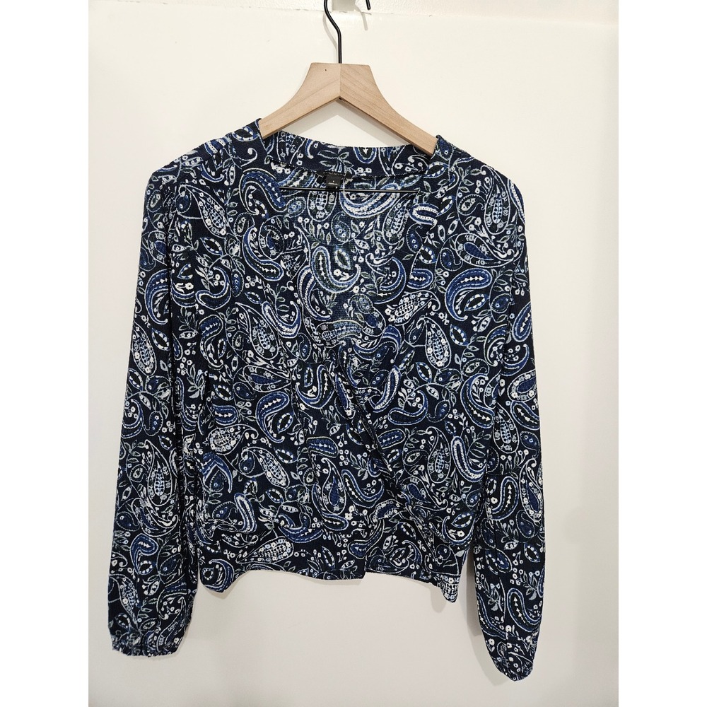 Ann Taylor Factory Womens Blue Paisley Long Sleeve Surplice Wrap Top Small